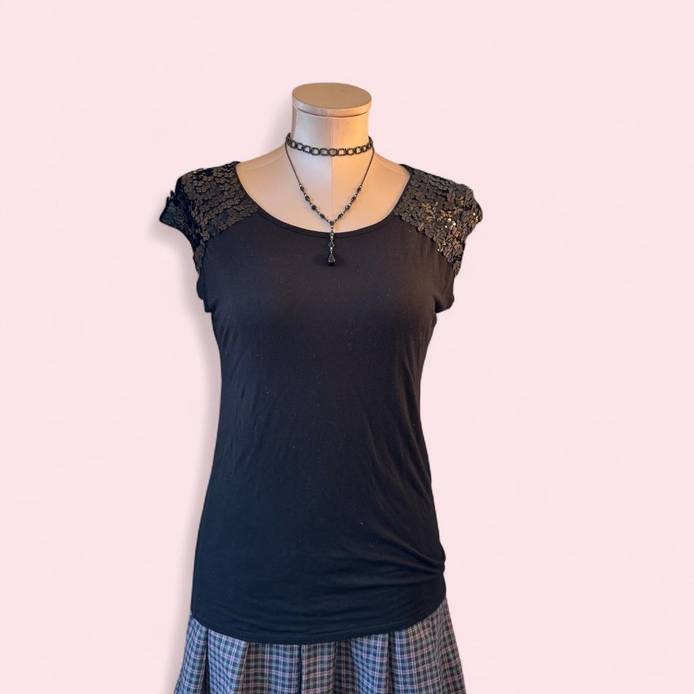 Black Glitter Cap Sleeve Top | Soft Goth Sparkle Blouse‎